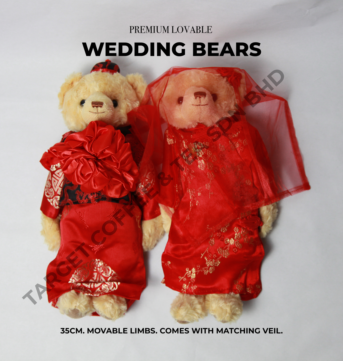 Premium Wedding Teddy Bears in Traditional Chinese Attire (Tall 35cm)