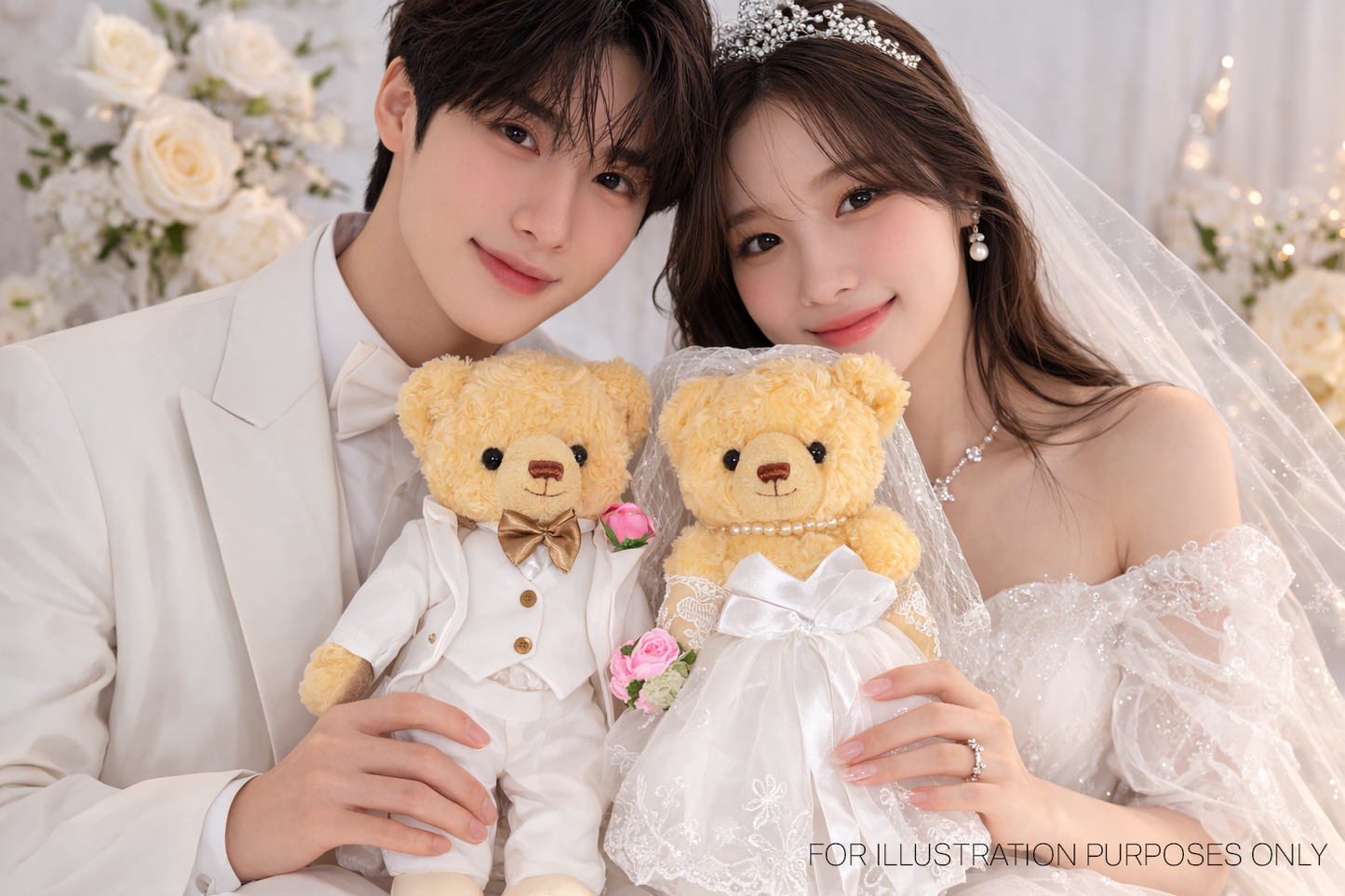 Premium Wedding Teddy Bears in White Suit & Gown (Tall 35cm)